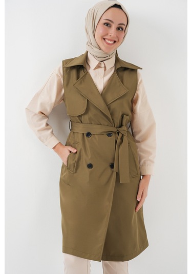 5911 Kruvaze Yaka Trençkot Yelek - Haki haki