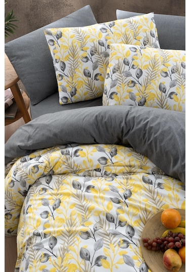 Mystory Home Lastikli Çarşaflı Çift Kişilik Nevresim Takımı Lemon 200x220 Cm Sarı - Gri