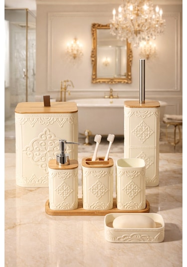 Makri Home Desenli 7 Parça Bambu Kapaklı Ve Aksesuarlı Banyo Seti Gri