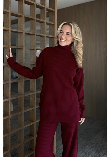 Laluvia Bordo Boğazlı Fitilli Triko Takım - 4671 Bordo