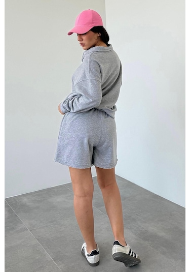 Madmext Gri Polo Yaka Kadın Şort Sweatshirt Takım Mg2375