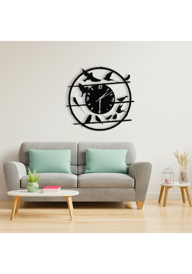 Kuş Figürlü Duvar Saati - 40 Cm Siyah Renk Sessiz Mekanizma Metal Siyah