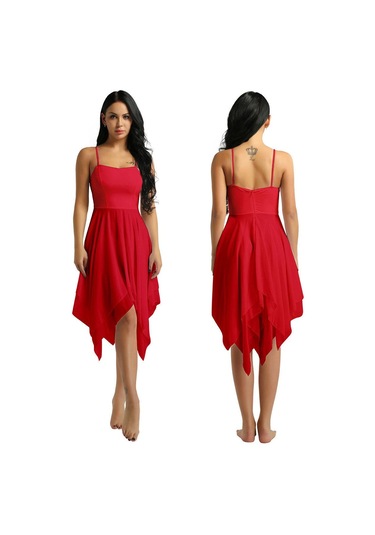 Kırmızı Bayan Bale Balo Salonu Dans Elbise Spagetti Kayışı Kolsuz Asimetrik Çağdaş Giyim