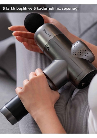 Profesyonel Şarjlı 5 Başlıklı Masaj Tabancası Vurmalı Titreşim Spor Aleti Gri