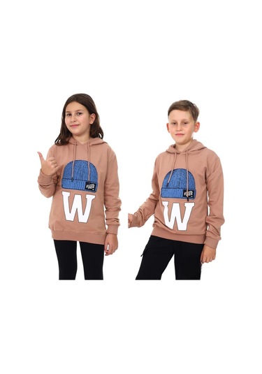 Çocuk Bere Baskılı Ve İşlemeli Kapüşonlu Sweatshirt-13410-kahverengi Kahverengi