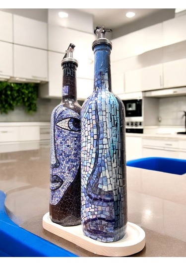 Anadolu Mozaik Sanatı Motifli Soyut Tasarım Yağdanlık Seti-sirkelik Sosluk Seti- Ev Ve Mutfak Mavi