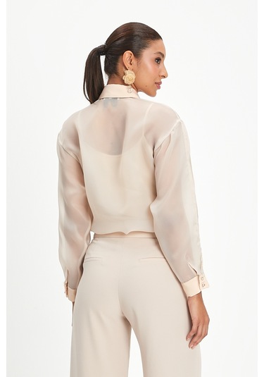 Kadın Şifon Gömlek - Zarif Boncuk İşlemeli Bej