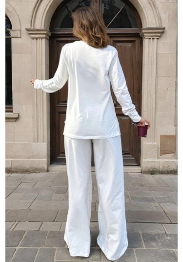 Kadın Uzun Kollu Sweatshirt , Bol Paça Beli Lastikli Cepli Pantolon - Alt & Üst Takım 3485500 Beyaz