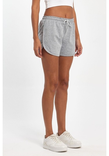 Kadın Yırtmaçlı Mevsimlik Premium Kumaş Regular Fit İpli Gri Kısa Mini Şort