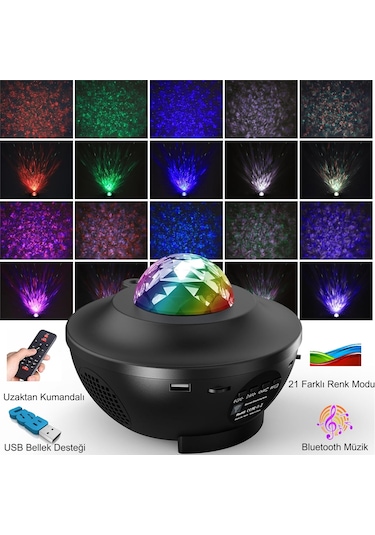 Hymark Led Yıldız Bluetooth Hoparlör Usb Projektör Okyanus Dalgas