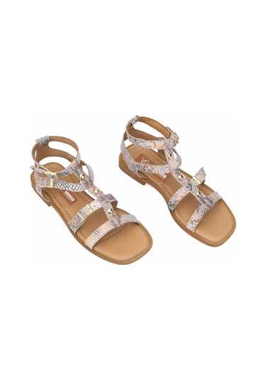 Elit Talia Kadın Hakiki Deri Düz Sandalet Bej Bej