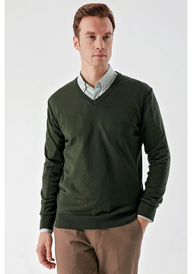 Morven Erkek Haki Basic V Yaka Dynamic Fit Rahat Kesim Triko Haki