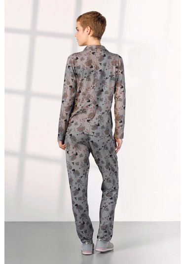 Doreanse Kadın Çiçek Desenli Gri Gömlek T-shirt Pijama Takımı 25k4030-standart Gri