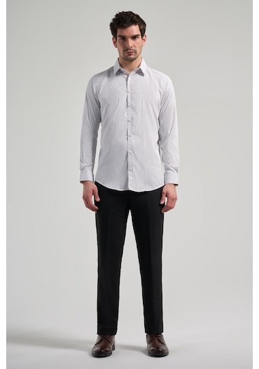 Beyaz Uzun Kol Çizgili Desen Bez Ayağı Yarım İtalyan Yaka Cepsiz Esnek Classic Slim Fit Gömlek 1004245220 Beyaz