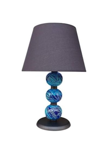 Üç Toplu Abajur Mavi Çini Siyah Şapka Mavi