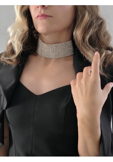 Gümüş Kaplama Rhinestone Choker Tasma Model Kolye Gümüş