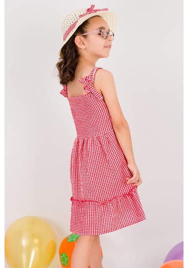 Kız Çocuk Şapkalı Elbise Kareli Fiyonklu B33 Kırmızı