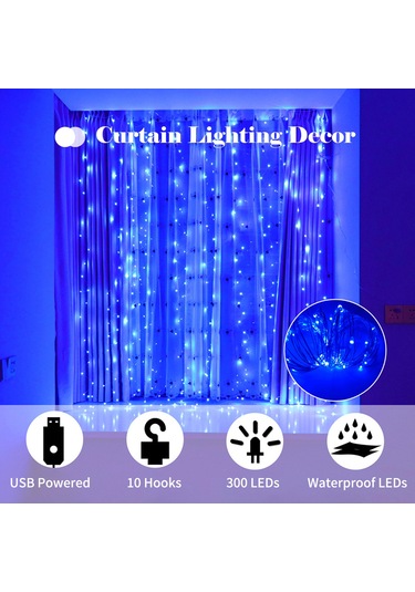 Neevoyu 3x3m 300 Led Perde Işığı 8 Aydınlatma Modu Usb Şarjlı Kumandalı Sıcak Beyaz Festivite Dekorasyonu Sıcak Beyaz