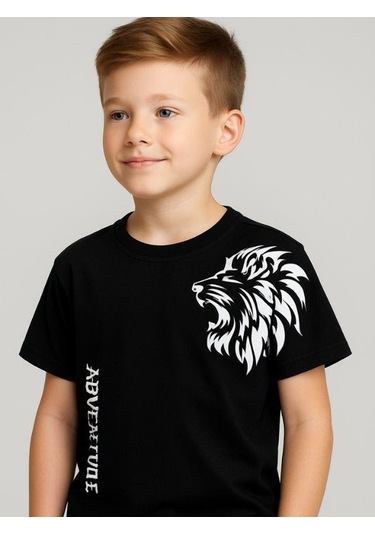 Çocuk Aslan Baskılı Pamuklu Oversize T-shirt-16014 SIYAH