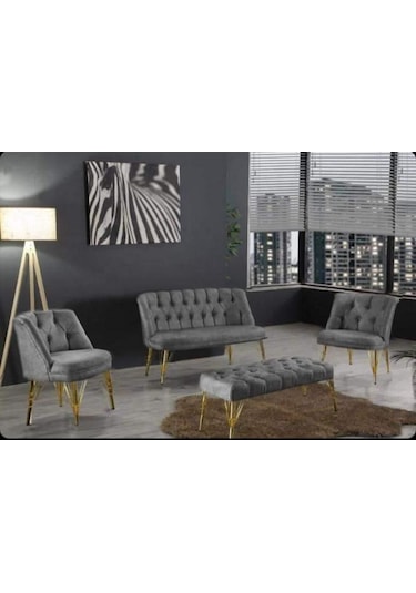 Gri Cay Seti Metal Ayak 2 1 1 Puf Hediye