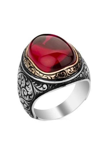 Yakut Ruby Taşlı Kalem Işleme Desenli Gümüş Erkek Yüzük