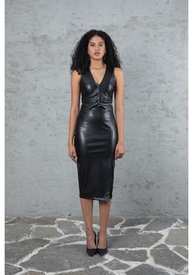 Siyah Yırtmaçlı Deri Etek - Siyah