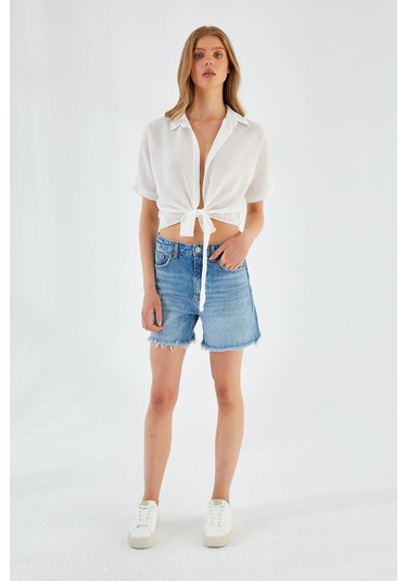 4230 Kadın Bağlamalı Yazlık Keten Gömlek Beyaz Beyaz