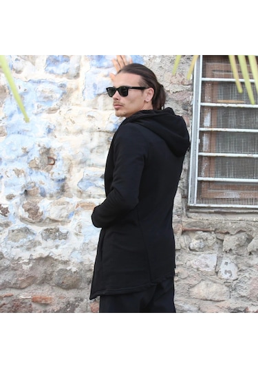 3 İplik Şardonlu Polar İçi Peluş Detaylı Kapşonlu Panço Ceket Siyah