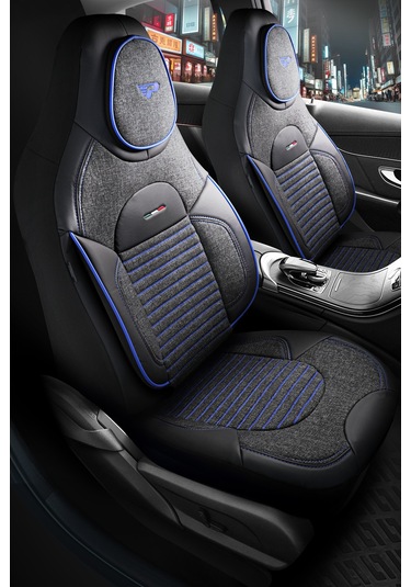 Füme - Mavi Panda Enzo Serisi Keten Kumaş Oto Koltuk Kılıfı - Tam Set