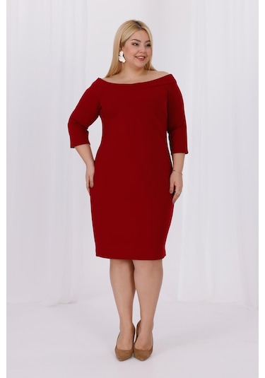 Kadın Bordo Carmen Yaka Truvakar Kol Büyük Beden Esnek Krep Elbise Bordo