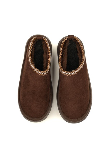 Perth Asimetrik Ağızlı Kadın Nakış Detaylı Kürk Slipper Kahverengi