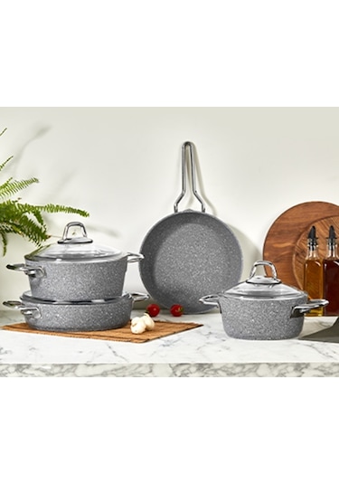 Amboss Shadow 7 Parça Yanmaz Yapışmaz Ezme- Granit Tencere Seti - Gri