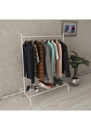Dikdörtgen Beyaz Elbise Askılığı Konfeksiyonel Dekoratif Askı Dik Askılık Beyaz