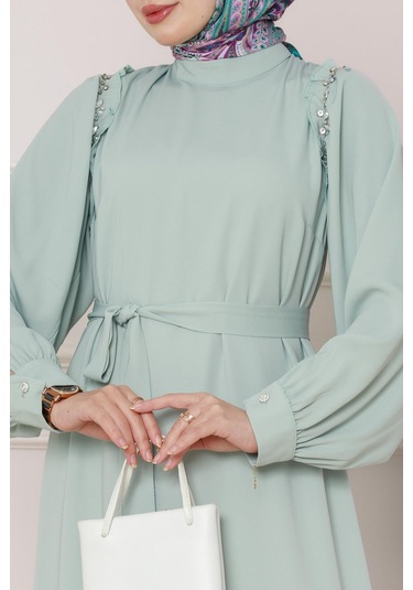 Omuzu Taş Detaylı Rose Elbise-mint Yeşili-4775 Mint Yeşili