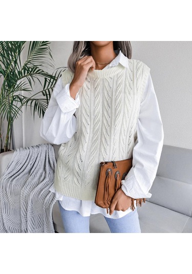 Kadın Sonbahar Kış Bisiklet Yaka Kesim Düz Renk Kolsuz Yaprak Örgü Tank Kazak Sl Haki