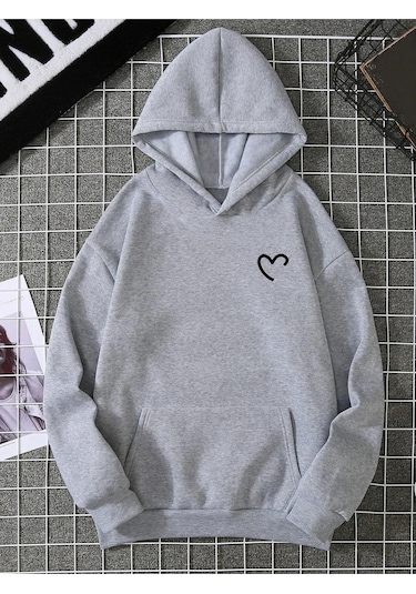 Yarım Kalp Sweatshirt - Gri Baskılı Oversize Kapüşonlu Gri