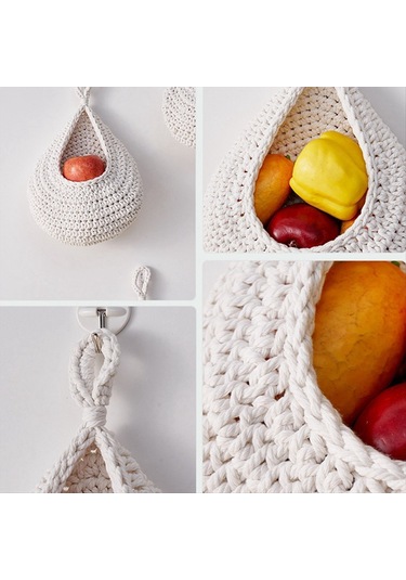 Xurunkeji Mutfak İçin Duvara Asılan Meyve Sepetleri 3'lü Paket Dokuma Ürün Tutucu Sebze Askılı Sepet A Gri