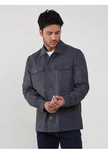 Dufy Gri Erkek Regular Fit Düz Klasik Yaka Süet Mont - 105399-Gri