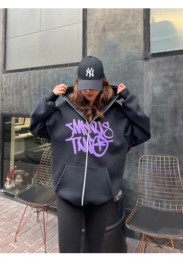 Paradise Oversize Zip-up Graffiti Hoodie - Full Face Zip Gri