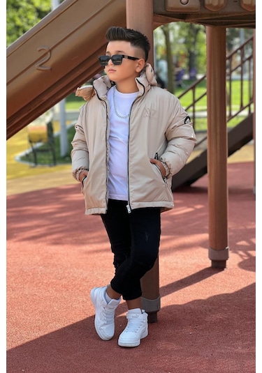 Erkek Çocuk Çıkarılabilir Kapüşonlu Baskılı Yakası Detaylı Kışlık Mont Km3501 Bej