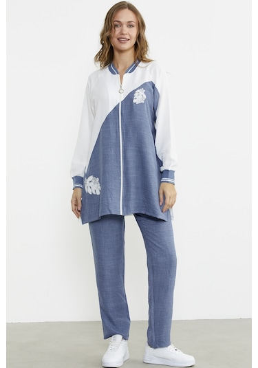 Sementa Fermuar Kapamalı Nakışlı Tunik Takım - Indigo Indigo
