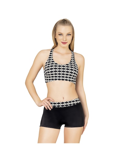 Endeep Kadın Geometrik Desenli Toparlayıcı Şortlu Bikini Takımı Siyah
