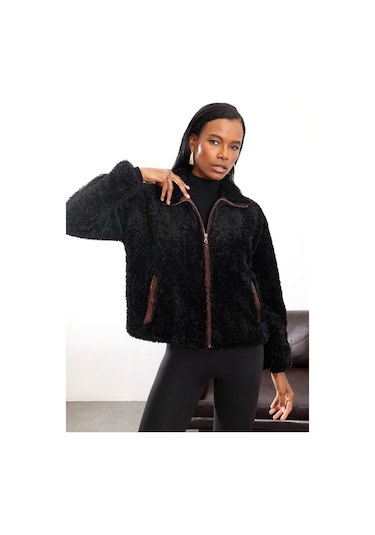 Siyah Kadife Detaylı Peluş Mont Siyah