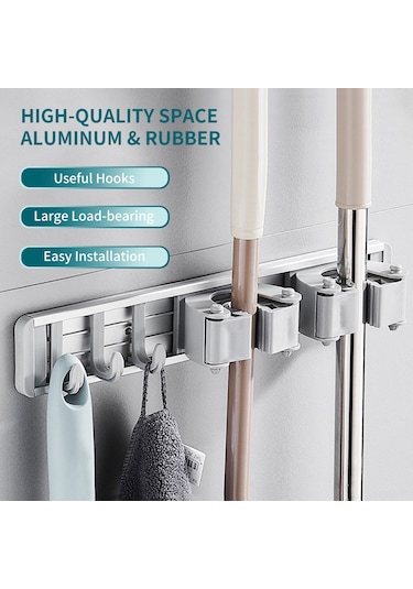 Suofeng 40cm Gri Uzay Alüminyum Süpürge Tutucu, 4 Kanca, Delikli/deliksiz Montaj, 12kg Yük Kapasitesi, Banyo/mutfak Organizatörü Gri