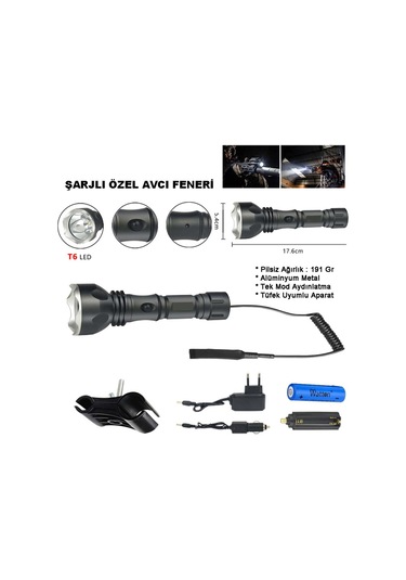 Orjinal 600 Lümen Tx6 Şarjlı Özel Avcı Feneri Watton Wt-253 Renkli