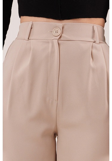 Reka Moda Bol Paça Piliseli Bej Pantolon Bej