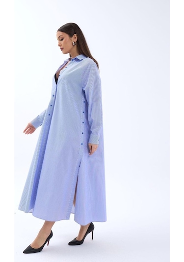 The İstanbul 5857 Elbise-mavi Beyaz Çizgili Altın