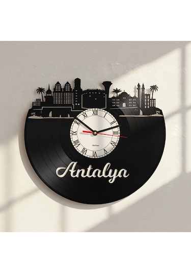 Antalya Silüetli Geri Dönüşüm El Emeği Plak Duvar Saati Siyah