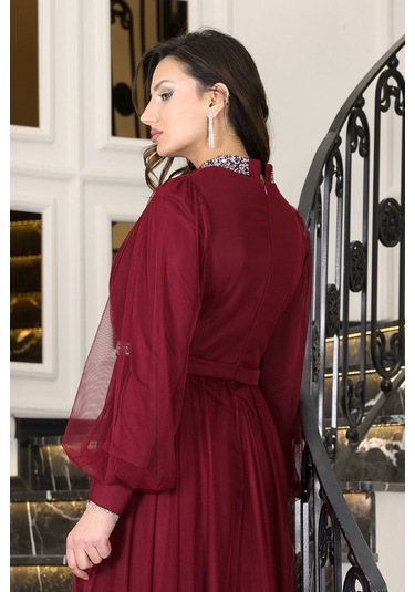 Senna Taş Detaylı Büyük Beden Şık Tesettür Abiye Bordo