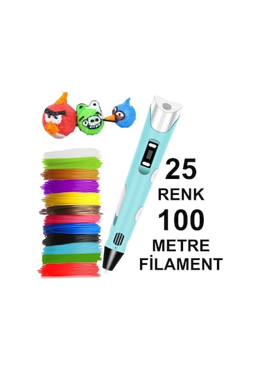 Mavi 3d Kalem Yazıcı+25 Renk 100 Metre 25x4metre Pla Filament